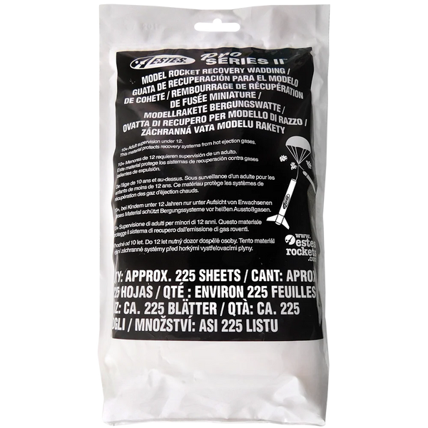 Packaged rocket recovery wadding with black label on white background