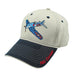 A beige and navy blue baseball hat with a embroidered F4U Corsair aircraft on the front.