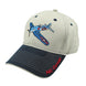 A beige and navy blue baseball hat with a embroidered F4U Corsair aircraft on the front.