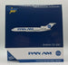 A boxed Gemini Jets model aircraft die-cast model, featuring a Pan Am Boeing 727-200. The packaging is dark blue with a white bottom section, displaying the Pan Am logo and a graphic of the white and blue model plane.