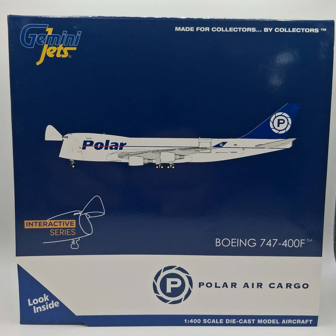 Gemini Jets brand packaging for a 1:400 scale die-cast model aircraft of the fictional Polar Air Cargo Boeing 747-400F, featuring a blue and white box with an illustration of the model plane.
