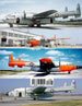 Three images of military transport planes with visible branding on a runway.