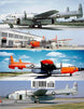 Three images of military transport planes with visible branding on a runway.