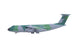 Model of a military transport aircraft with camouflage design on a white background
