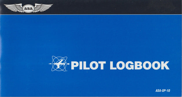 ASA Pilot Logbook cover, featuring a bright blue background with a black header strip at the top containing the white ASA wing logo, and the words 'PILOT LOGBOOK' in white. Small text 'ASA-SP-10' appears in the bottom right corner.