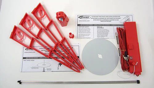 Red metal stand kit with components and instructions on a white background
