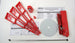 Red metal stand kit with components and instructions on a white background