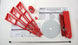 Red metal stand kit with components and instructions on a white background
