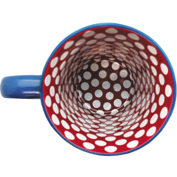 A ceramic coffee mug with a yellow background and blue handle, featuring a bright red and white Polka Dot pattern on the inside.