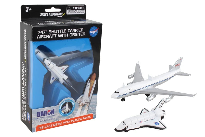Space Adventure die-cast metal toy set featuring a 747 shuttle carrier aircraft with an orbiter, shown both inside its retail packaging and as assembled pieces. The packaging displays the NASA logo and the brand name 'Space Adventure'.