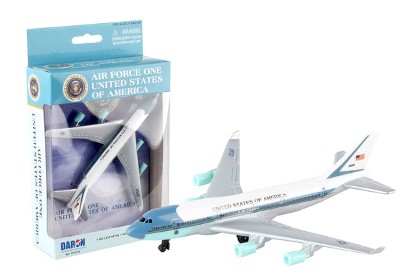 A Daron Air Force One 747 single plane model toy, in white and blue colors, packaged in a blister pack with the brand and product information visible.