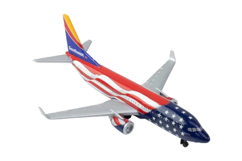Model airplane with American flag design on a white background