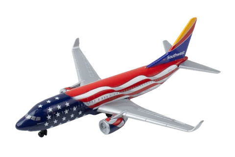 Southwest Airlines airplane model with American flag design on a white background