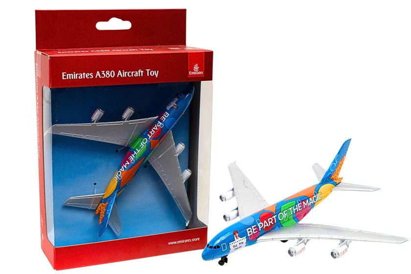 Emirates A380 aircraft toy with packaging on a white background