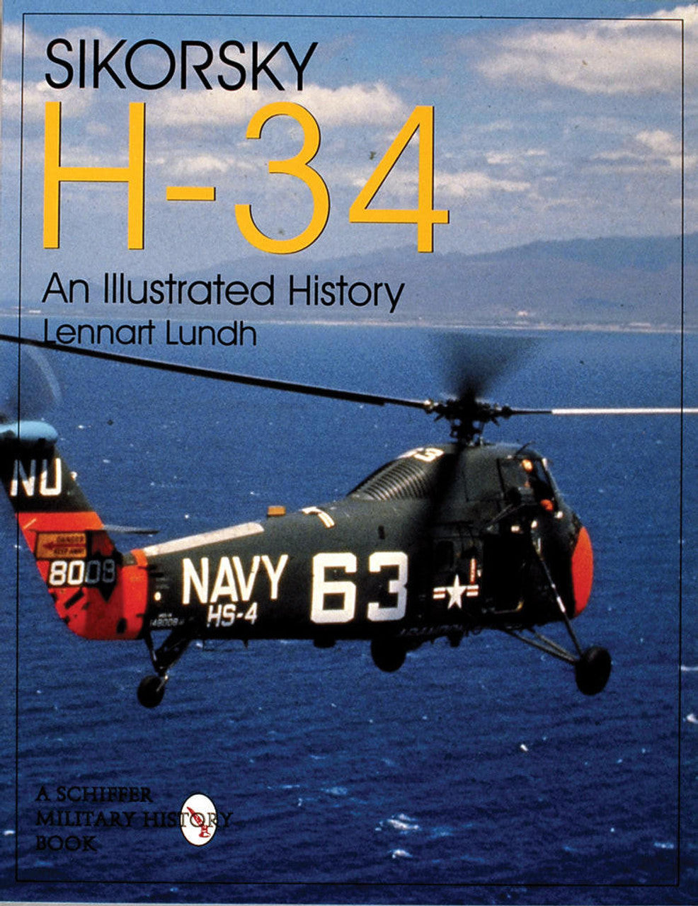 Cover of the book 'Sikorsky H-34: an Illustrated History' featuring a black and gray illustration of a Sikorsky H-34 helicopter in flight.
