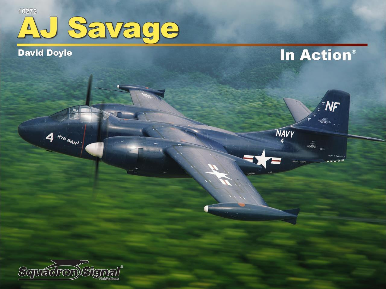 Book cover of 'AJ Savage In Action' with a fighter jet flying over a green landscape.