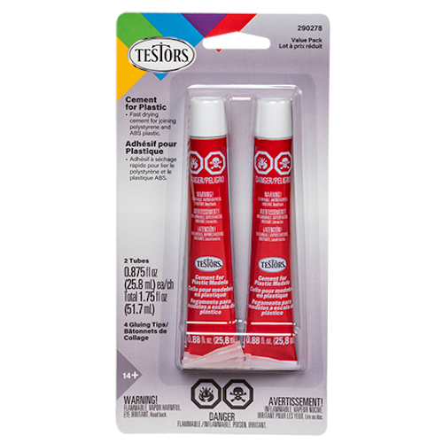 Two red tubes of Testors cement for plastic in a clear packaging on a white background