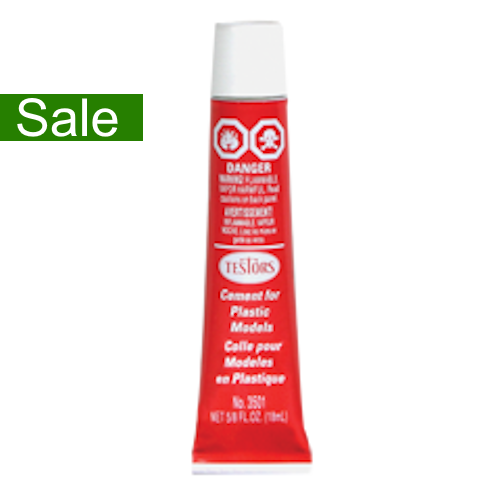 A tube of Testors 3501X cement for plastics with a red label on a white background. A 'Sale' tag is visible on the top left corner of the image.