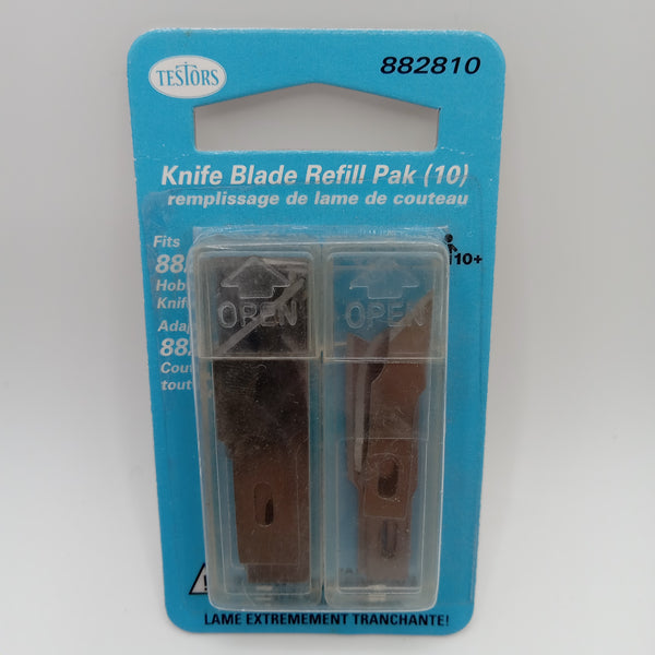 Packaging of Testors Knife Blades Refill Pack with 10 blades included, displayed on a blue card with clear plastic housing showing the blades.