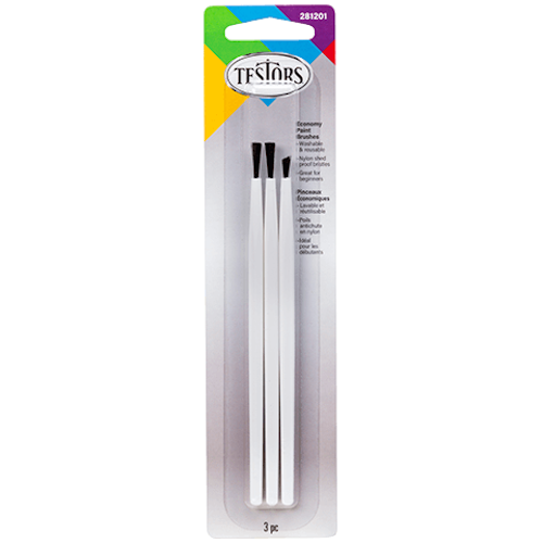 Three paint brushes in a clear plastic packaging with the Testors brand visible at the top.