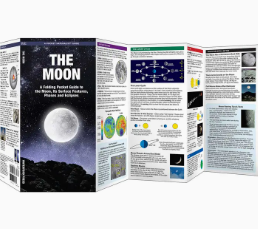 An educational fold-out poster set titled 'THE MOON' shown partially unfolded to display multiple panels with space-themed graphics, text, and diagrams on a white background.