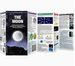 An educational fold-out poster set titled 'THE MOON' shown partially unfolded to display multiple panels with space-themed graphics, text, and diagrams on a white background.