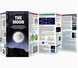 An educational fold-out poster set titled 'THE MOON' shown partially unfolded to display multiple panels with space-themed graphics, text, and diagrams on a white background.