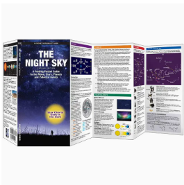 A folding educational poster about 'The Night Sky' shown partially unfolded, with a dark blue sky cover, stars, moon, and colorful informational panels behind it on a white background.