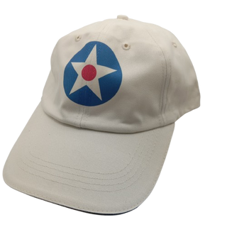 A white baseball cap with a star emblem in the center, representing the United States Army Air Corps.