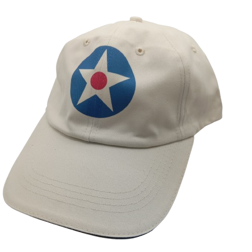A white baseball cap with a star emblem in the center, representing the United States Army Air Corps.