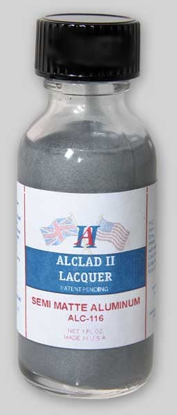1 oz. bottle of Alclad II Semi-Matte Aluminum Lacquer Paint with a label that includes the product name and the color semi-matte aluminum.