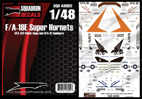 SQC48002 1/48 Scale Squadron Decals - F/A-18E Super Hornets Pukin Dogs & Sunliners.  Aftermarket Decal Set.