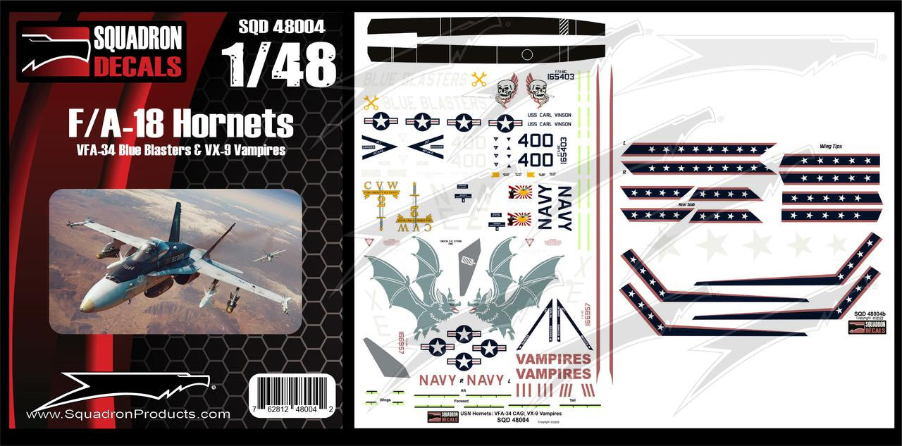 SQC48004 1/48 Scale Squadron Decals - F/A-18 Hornets Blue Blasters & Vampires. Aftermarket Decal Set